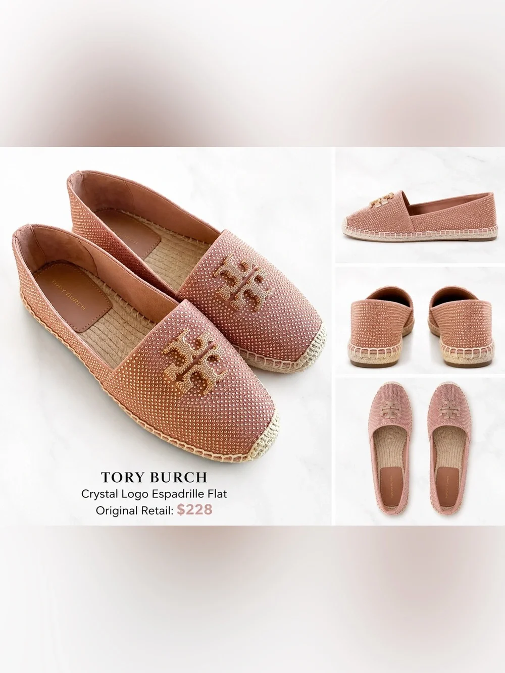Tory Burch Blush Pink Crystal Logo Espadrille